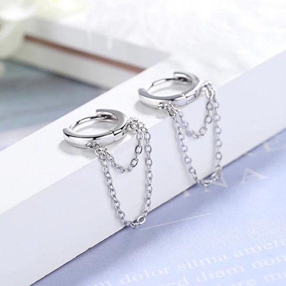*925 Sterling Silver Huggie Hoop Chain Earrings - Picture 4 of 6
